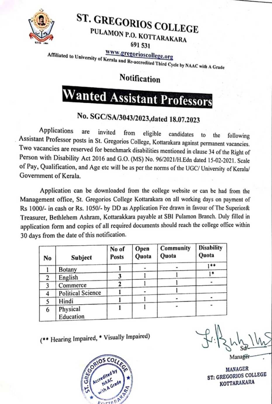 NOTIFICATION FOR THE POST ASSISTANT PROFESSORS